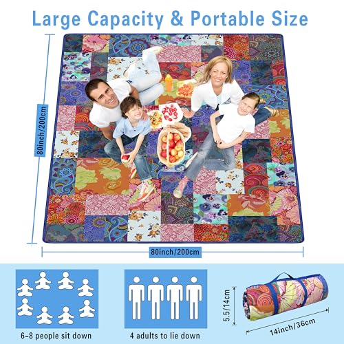 Supfitness Extra Large Picnic Blankets Waterproof Foldable (80 "x 80") Beach Blanket Waterproof Sandproof,3-Layer Thicking Mat Outdoor Packable Camping Blanket - color: Flower-4, size: 6'8" x 6'8" (Square)