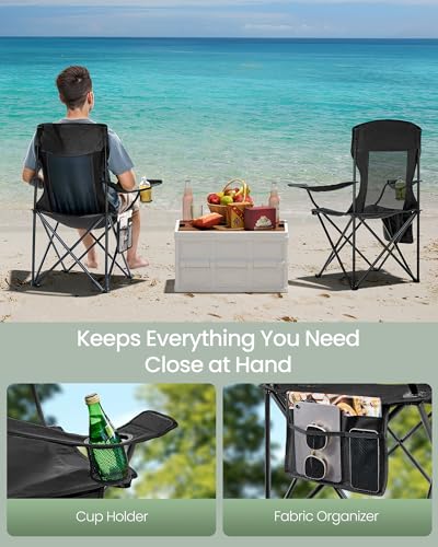SONGMICS Breathable Camping Chairs, Foldable Outdoor Chairs Set of 2, High Back, Adjustable Armrests, Drink Holder, Weight Capacity 330 lb, for Sports Garden Backyard, Ink Black UGCB028B02 - color: Black, style: 2PC (20.3"D x 34"W x 38.2"H)