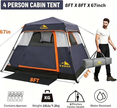 3/4 Person Camping Tent with 1 Door, 4 Windows, and Upgraded Ventilation– Instant Setup, Waterproof, 8'x 8'x 67''Oxford Fabric Floor Pop Up in 60 Seconds Includes Rainfly and Backpack - color: 4 Person -Grey