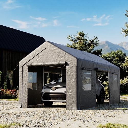 COSIEST 10'×20' Storage Shelter Outdoor Gable Roof Carport with Removable Side Walls, Heavy-Duty Garage Canopy Weatherproof PE Cover, Multi-Purpose Vehicle/Tractor Shed for Backyard/Driveway/Farm - color: Gray, size: 10x20 FT Gable Roof
