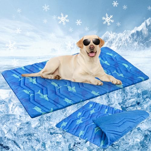 BEAUTYZOO Dog Cooling Mat- Upgraded Thicken Cooling Mat for Large Dogs Reversible(Cool & Warm) Pet Ice Cool Bed Washable & Portable, Summer Crate Pad for Big Dog Puppy Up to 100 lbs,Shark Blue 59X40IN - color: Shark Blue, size: 59.0"L x 40.0"W x 1.0"Th(XL
