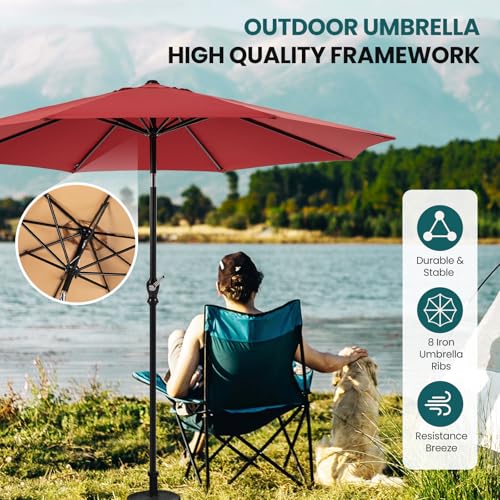 OLIXIS Patio Umbrella with Tilt and Crank Button & Sturdy Ribs Waterproof, Patio Table Umbrella Perfect for Poolside, Terrace, Beach and Outdoor Restaurant - color: Bright Red, size: 9FT NO LEDs