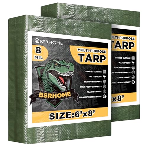 Tarps Waterproof 6x8 Feet, 2 Pack Heavy Duty Green Tarp Cover 8 Mil Thick, Resistant Plastic Tarpaulin with Metal Grommets, Outdoor Tent Cover for Emergency Rain - color: Green-8mil, size: 6'x8' 2pk