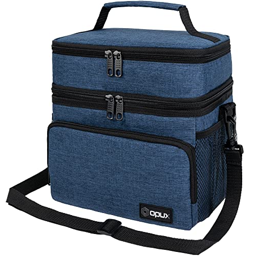 opux Insulated Lunch Bag for Men Women, Large Dual Compartment Cooler Bag, Soft Two Deck Lunch Box for Work School Picnic, Leakproof Lunch Tote with Shoulder Strap for Kid Adult (Navy, Double Deck) - color: Heather Navy, size: Double Deck
