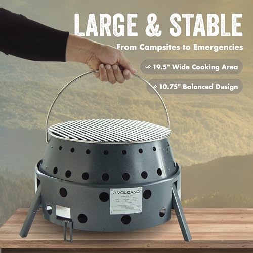 Volcano 3 Collapsible Portable Grill/Stove, Propane, Charcoal and Wood, 19500 BTU Burner, 13 Inch Cooking Surface, Camping Stove for Backpacking, Hiking, Picnic and BBQ, Carry Bag and Hose Included - style: Volcano 3 – Base Grill