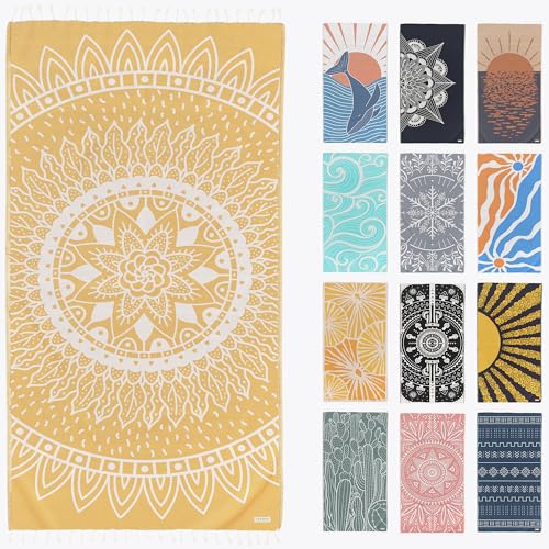 FESHKA Sand Proof Turkish Beach Towel – Oversized, Quick Dry & Lightweight Travel Towel - 100% Organic Cotton Beach Blanket - Perfect for Bath, Pool & Picnic | Sunflower (Yellow) - color: 02 - Yellow