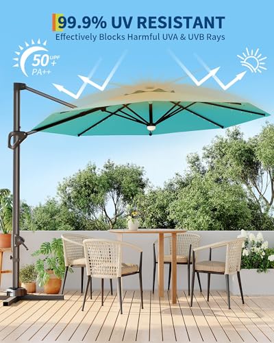 9ft Outdoor Patio Umbrella Heavy Duty 8 Ribs, Waterproof UV Protection Sun Shade with Crank Lift & Push Button Tilt, Outdoor Umbrella for Deck, Pool, Garden, Backyard, Lawn - color: Turquoise Blue&Round-Lights, size: 10FT Roman