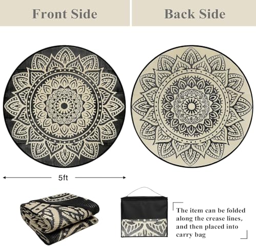 Round Outdoor Rugs for Patios 5ft Boho Plastic Outdoor Rug Waterproof Reversible Circle Outside Rugs Lightweight Portable All Weather Outdoor Carpet for Patio Backyard Porch(Black Camel) - color: Black Camel, size: Round 5ft