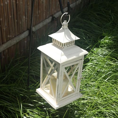 Lantern Decorative Indoor & Outdoor,Large Square Hanging Spring Home Decor, Vintage Metal Decorative Candle Lanterns for Outdoor Patio Wedding Party Beige with Copper Brush - color: Beige / 14.8'' / 1 Pc
