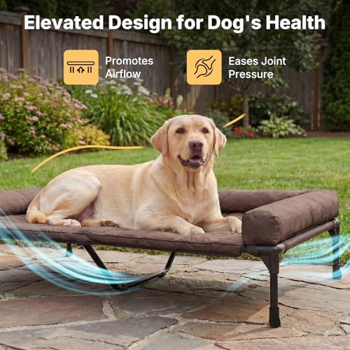 Veehoo Cooling Elevated Dog Bed Add Removable Waterproof Bolster Cushion Mat, Raised Pet Cot with Breathable Teslin Mesh, No-Slip Feet, Dog Couch Bed for Indoor Outdoor, 53 inches, Brown - color: Brown, size: 53.0"L x 37.5"W x 9.0"Th