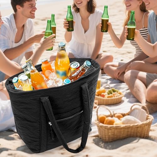 Fasrom Insulated Cooler Tote Bag Holds 30 Cans, Large Leakproof Grocery Bag with Zippered Top, Soft Sided Shopping Bag for Groceries, Food, Drinks, Suitable for Beach, Picnic and Outdoor Use, Black