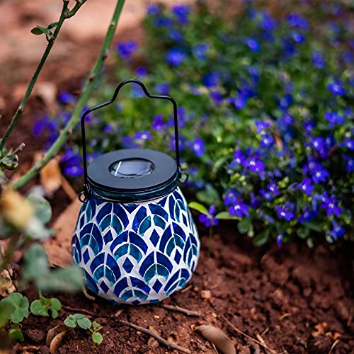 Afirst Mosaic Solar Lanterns - Glass Hanging Lights Hollow Out Waterproof Outdoor Decorative for Garden, Patio, Holiday Party Outdoor Decoration, 1 Pack - style: Blue