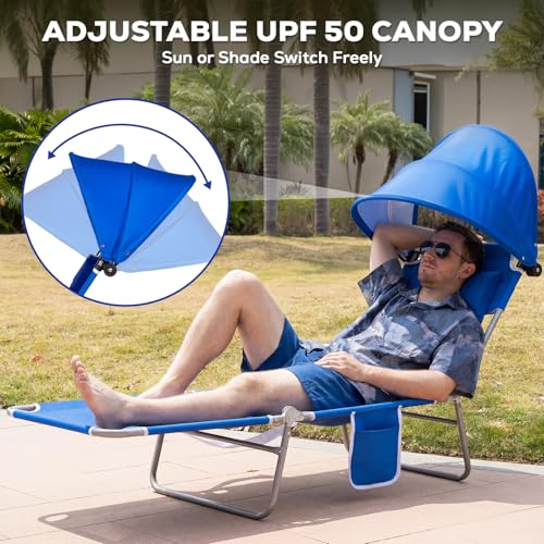 Romswi 2PK Folding Tanning Beach Chair with Face Hole & Canopy Shade, 5-Position Reclining Sun Lounger, Portable Face Down Tanning Chair with Arm Holes & Side Pocket for Beach, Pool & Patio,Royal Blue - color: Royal Blue With Sunshade, size: 2pcs