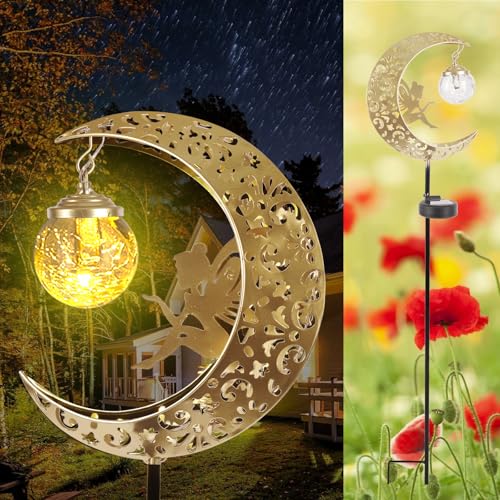 Solar Lights Outdoor Waterproof Fairy Moon Crackle Glass Lights with Metal Angel Decor for Walkway Yard Patio or Garden Gifts for Mom Grandma Friends - color: Gold Moon Fairy