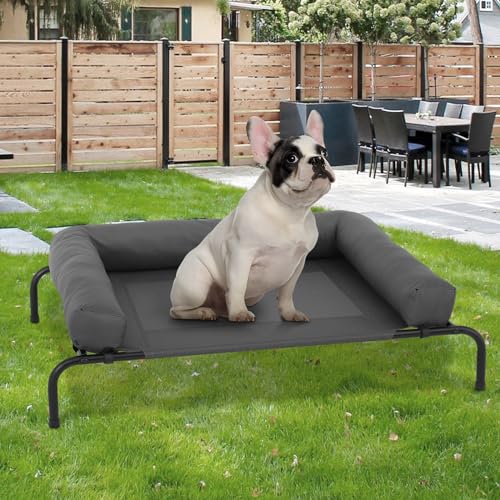 MoNiBloom Outdoor Elevated Dog Bed w/Removable Bolster, Portable Raised Outdoor Dog Bed with Stable Anti-Slip Feet & Breathable Mesh, 42 Inches Length, Dark Gray - color: Dark Gray, size: 42"L