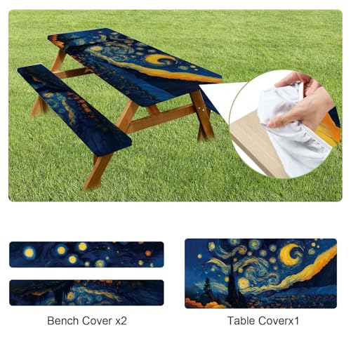 ANNA QUEEN Artistic Starry Night 6FT Picnic Table Cover with Bench Covers Set of 3 with Drawstring Bag, 72"x30" Waterproof Fitted Picnic Tablecloth & Bench Seat Covers for Outdoor Camping Patio - color: #50