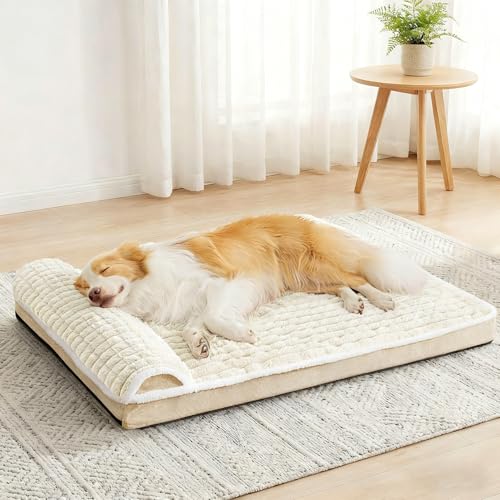 Orthopedic XL Dog Bed Large Sized Dog with Pillow 42''X28'', Waterproof Soft Comfortable Egg Crate Foam Pet Crate Beds Mat with Removable Washable Cover and Non-Slip Bottom, Cream - color: Cream, size: 42"l X 28"w X 3.5"th
