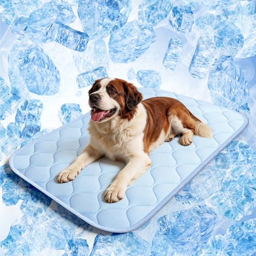 Cooling Mat for Dogs Extra Large 43" x 31", Cooling Pet Bed Outdoor & Indoor Use w Ice Silk Fabric & Waterproof Cover, Summer Cool Pad for Dogs, Non-Slip Washable Pet Blanket for Crate Kennel Travel - color: Blue Wave Stitching, size: X-large
