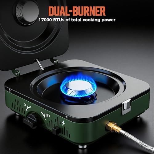BIG HORN OUTDOORS 2 Burner Propane Camping Stove, Portable Camp Stove, Folding Gas Stove, Includes Frying Pan & Carry Bag for Camping, Emergency Use and Outdoor Cooking