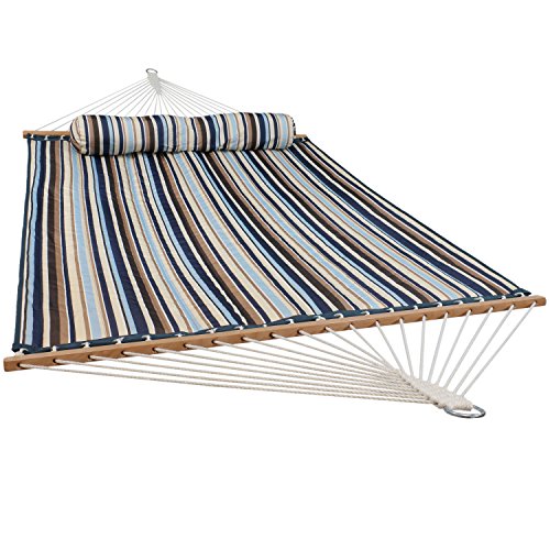 Sunnydaze Quilted Double Hammock for Outside with Spreader Bars and Pillow - 450 lb Capacity, 74x55 Inch Bed, UV Resistant, Quick Dry - Chains Included, Stand Sold Separately - Ocean Isle - color: Ocean Isle