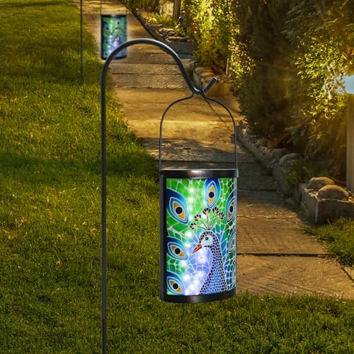 Hanging Solar Lantern Outdoor Waterproof Peacock Solar Lights Glass Tabletop Decorative Lamp for Outdoor Patio Garden Outside Yard Decor - style: New_Peacock