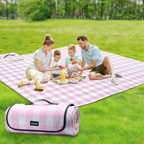 ZUBOND Extra Large Picnic Blanket Outdoor Picnic Mat Waterproof Foldable 80''x100'', Beach Blanket Sandproof for LawnPark, Grass, Travel, Hiking, Camping Essentials, Vintage Gingham Picnic Blanket - color: Pink White, size: 80 x 100 Inch