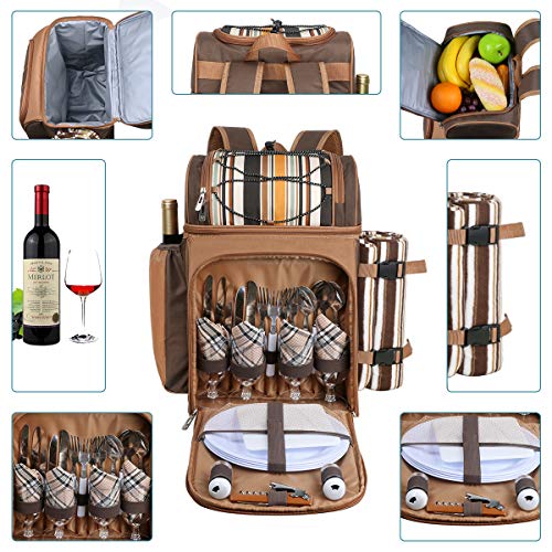Hap Tim Picnic Basket Backpack for 4 Person with Insulated Leakproof Cooler Compartment, Wine Holder, Fleece Blanket, Cutlery Set, Wedding Gifts for Couples, Engagement Gifts - color: Brown, size: 4 Person