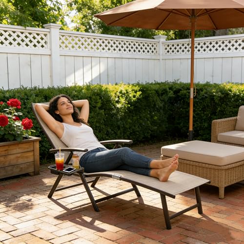 Kozyard Aluminum Outdoor Chaise Lounge Chair, Adjustable Reclining Patio Lounge with Drink Holder, Weather-Resistant Pool, Deck & Yard Recliner, Assemble-Free (1Pack, Beige) - color: Beige