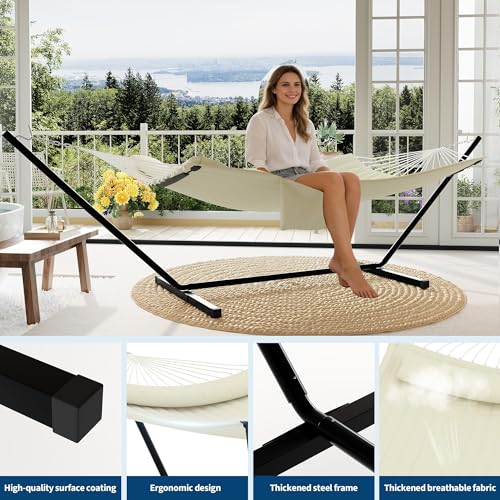 2 Person Double Hammock with Stand & Pillow, 450 LBS Heavy Duty Outdoor Hammock with Balance Rope for Patio Backyard Poolside