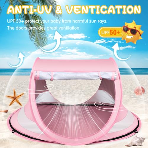 Baby Beach Tent,Large Pop Up Beach Tent Sun Shade for Beach,Portable Baby Travel Tent with Mosquito Net,Indoor Baby Play Tent,UPF 50+ UV Protection Sun Shelters for Infants - style: Pink
