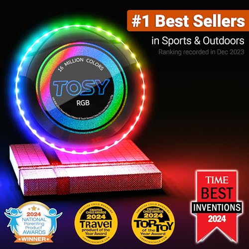 TOSY Flying Disc - 108 RGB Multicolor or 36 Monocolor LEDs, Super Bright, Smart Modes, Easter Basket Stuffers Gift, Camping Toy for Kid/Teen/Adult, Auto Light Up, Rechargeable, Waterproof, 175g - color: Rgb Disc (Multi-color, Black Disc)