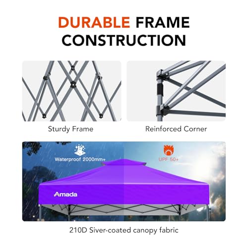 Amada 10x10 Pop Up Canopy Tent, 1-Button Push Easy-up Outdoor Canopy Beach Tent with 3-Height Adjustable Waterproof Shade Shelter, Wheeled STO-N-Go Bag 8 Stakes, 4 SandBags (Purple) - color: Purple, size: 10x10ft