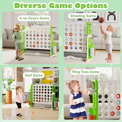 Costzon Giant 4-in-A-Row Connect Game, Height Adjustable 4-in-1 Jumbo 4-to-Score Yard Game with Golf, Ring Toss, Basketball, Cup Holder & Mesh Net, Indoor Outdoor Game for Kids Adults Family Party - color: White/Green