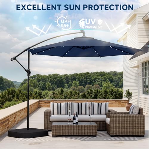10FT 40-LED Solar Lighted Patio Umbrella with Base Included, Outdoor Offset Cantilever Umbrella, Infinite Tilt, UV Protection for Backyard, Lawn, Garden & Pool - color: Navy Blue, size: 10FT 40LED w/Base (Offset Umbrella)