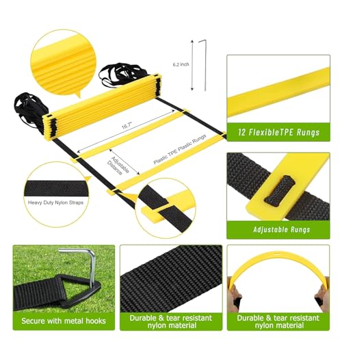 Agility Training Set for Soccer & Football - 20FT Speed Ladder, 12 Cones, and Training Aids for Kids Youth Sports Practice, Footwork Drill Kit - color: Yellow