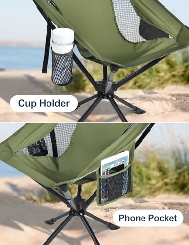 Docusvect Swivel Portable Camping Chair for Adults, Fast Setup, Lightweight & Small Folding Chair with Cup Holder, Side Pocket and Carry Bag - Support 330 LBS - color: Moss