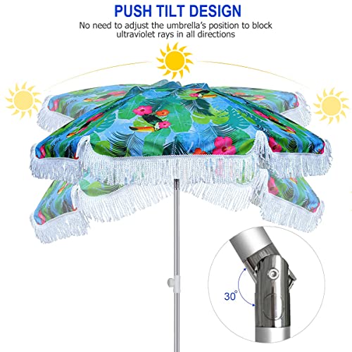 AMMSUN 6.5ft Heavy Duty HIGH Wind fringe Beach Umbrella with sand anchor Vent Tilt Portable Sun Shelter UPF 50+ Windproof Outdoor Sunshade Umbrellas Carry Bag for Patio Garden Pool Backyard Sports