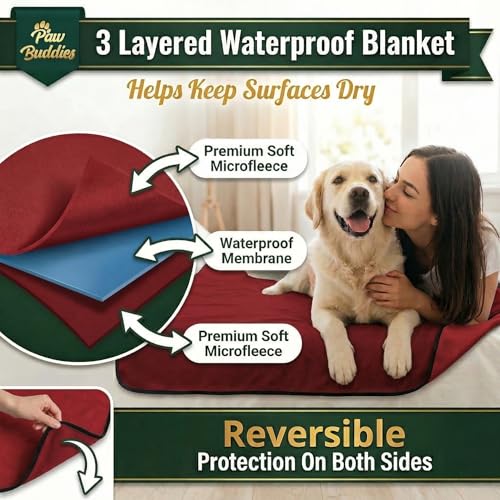 Paw Buddies Premium Waterproof Blanket 80"x90" Velvet-Feel Reversible Throw – Leakproof, Machine Washable Bed & Sofa King Size Protector for Couples, Pets & Travel + Bonus Small Blanket - color: Burgundy