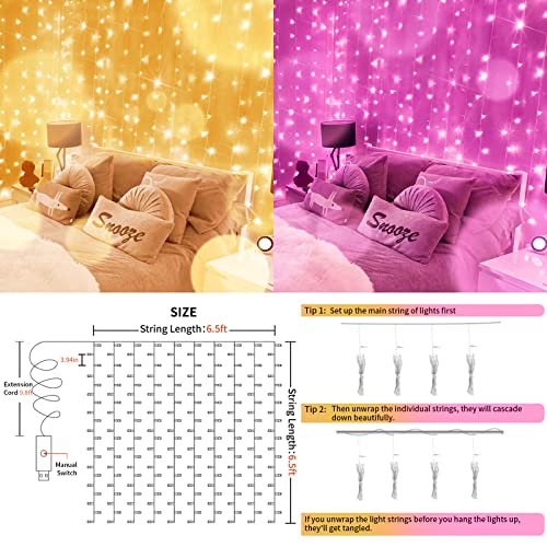 suddus Color Changing Curtain Lights, 200 Led 6.5ft x 6.5ft Hanging String Lights Outdoor, Fairy Curtain Lights for Bedroom, Window, Wall, Wedding, Party, Birthday Decor Warm White & Fuchsia - color: Warm White & Fuchsia, size: USB-200 LED
