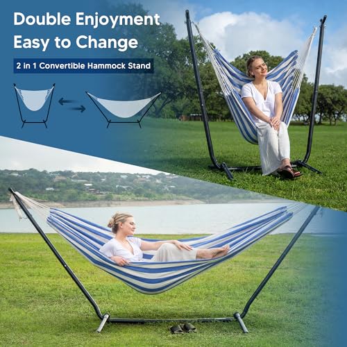 SUNCREAT 2-in-1 Convertible Backyard Fabric Hammock with Stand, Large Hammocks for Outside, Blue White - color: A-blue White