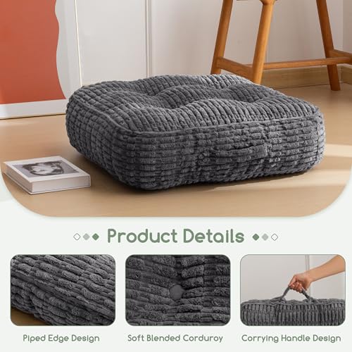 6" Washable Floor Pillow Cushion for Adults, Meditation Cushion Pillow, Removable Tufted Blended Corduroy Cover, Large Square Floor Sitting for Tatami Living Room or Yoga, 22x22 Inch, Machine Washable - color: Square Dark Grey, size: 6" Thick(Pack of 1)