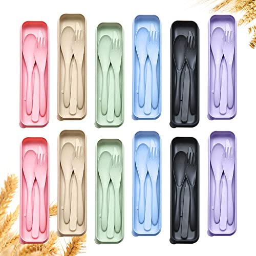 Reusable Travel Utensils Set with Case, 12 Sets Wheat Straw Portable Knife Fork Spoons Cutlery, Eco-Friendly BPA Free Plastic Tableware for Kids Adults Travel Picnic Camping Utensils - color: 12 Sets - Multiple Colors