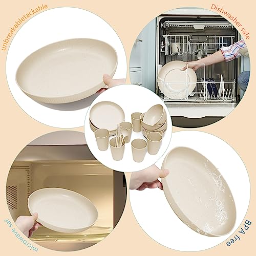 Wheat Straw Dinnerware Sets -DAPIPIK 42 Piece Unbreakable Dinnerware Sets for 6, Kitchen Plates and Bowls Set, Lightweight Camping Plates Cups and Bowls Set.Dishwasher Microwave Safe Dinnerware - color: Beige