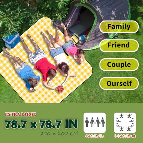 CUNCUI Picnic Outdoor Blankets, Extra Large 79x79in Beach Blanket, Thick 3-Layers Camping Waterproof Mat for Camp Hiking Park, Portable Foldable Rug for Family-Yellow, Sandproof & Machine Washable - color: Yellow