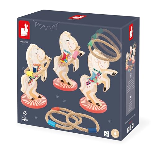 Janod - Applepop Horse Ring Toss Wooden Carnival Game - Family Game Night - Family Fun Game - Develops Coordination Skills, High Safety Standards - French Design Quality, Durable Wooden Construction - style: Horse Ring Toss Game