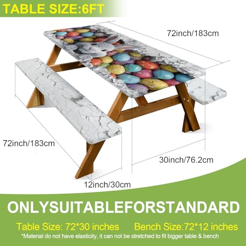 ANNA QUEEN Easter Bunny 6FT Picnic Table Cover with Bench Covers Set of 3 with Drawstring Bag, Bunny & Easter Eggs 72"x30" Waterproof Picnic Tablecloth & Bench Covers for Outdoor Party - color: #60