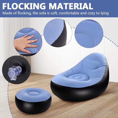 Inflatable Lounge Chair for Adults, Portable Folding Inflatable Blow Up Couch with Foot Stool, Lazy Flocking Recliner Chair Air Sofa for Indoor Outdoor Travel Camping (No Pump)(Light Blue) - color: Light Blue