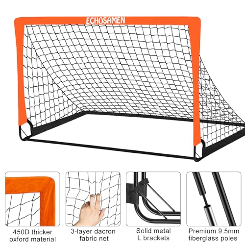 Kids Soccer Goals for Backyard, 2 of 6 x 4 ft Kids Soccer Goal Set Soccer Net with 10 Soccer Cones, Agility Ladder & Carry Bag, Portable Soccer Training Equipment. - color: Orange