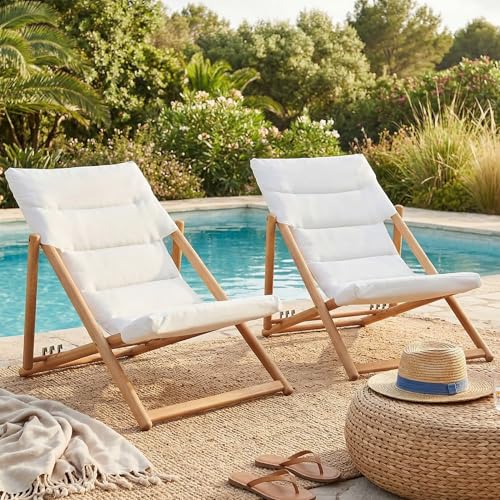 Folding Lounge Chairs Outdoor, Patio Chairs with Cushions, 3-Position Adjustable Patio Lounge Chairs Set of 2, No Assembly Required Eucalyptus Patio Recliners for Pool/Deck/Balcony, Beige - color: Beige, size: 2 PCS