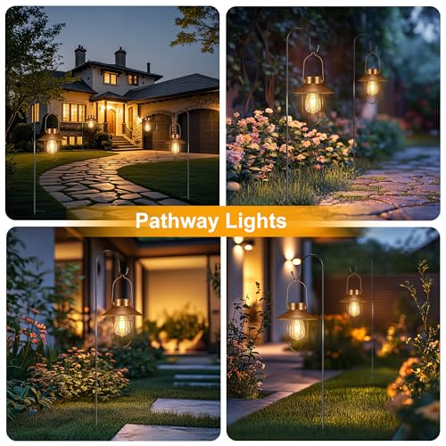 pearlstar 2 Pack Solar Lights Outdoor, Hanging Solar Lanterns with Edison Bulb and 2 x 32 Inch Shepherd Hooks, Waterproof Landscape Lighting for Garden Patio Yard Pathway Driveway Lawn (Copper) - style: Copper Lanterns